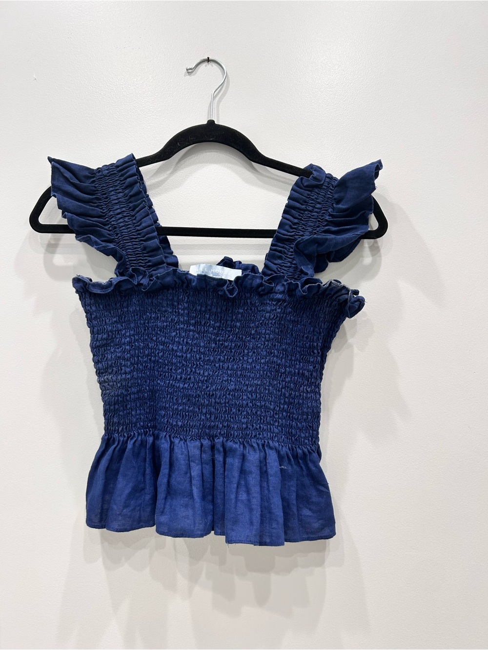 Hill House Home Paz Navy Blue 100% Linen Smocked Ruffled Top